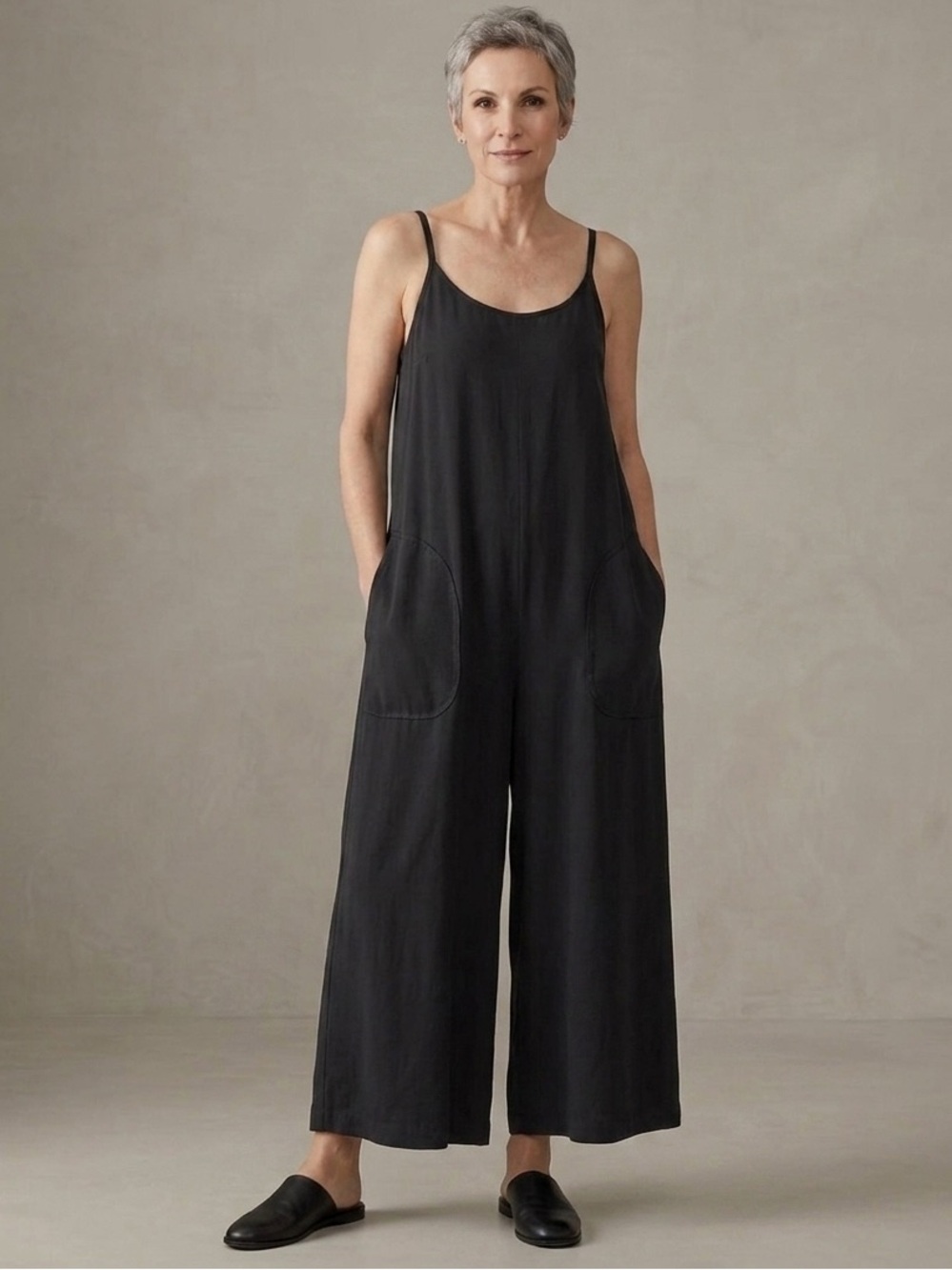 EILEEN FISHER Cami Jumpsuit – Black Viscose Crepe ✨